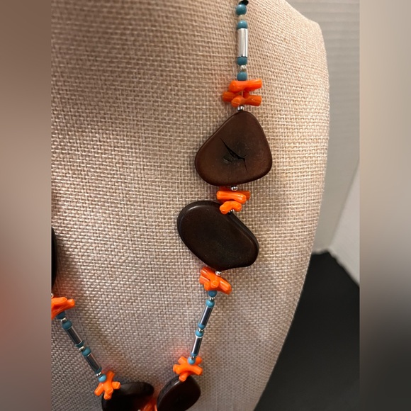 Vintage Brown Orange Shell Beaded Necklace mixed materials shell wooden chunky - Picture 3 of 6